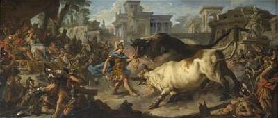 Jean-Francois De Troy Jason taming the bulls of Aeetes oil painting by Jean Francois de Troy depicting the classical Greek hero Jason during one of his challenges during hi oil painting image